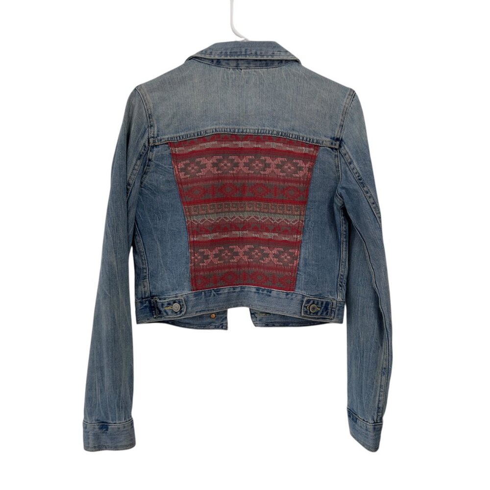 American Eagle Womens S/P Retro Cropped Denim Jacket Aztec Red Back Panel Casual - Picture 2 of 15